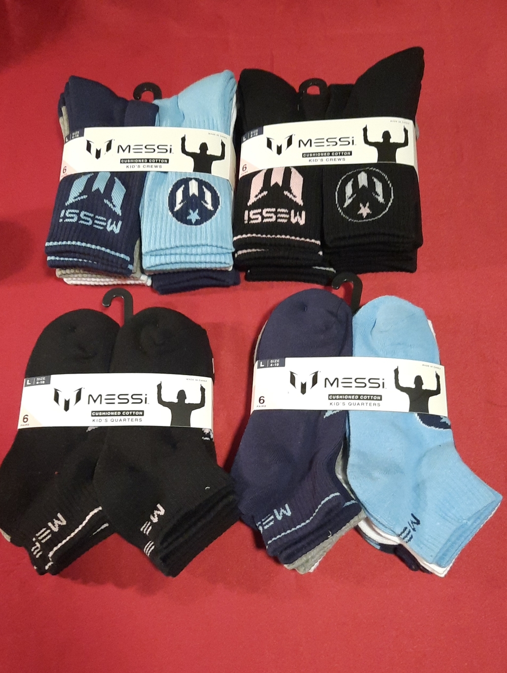 MESSI Kids Cushioned Socks 4 Packs Of 6 Pairs- 24 Pair Black, Navy, Light Blue